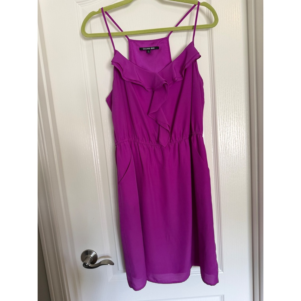 Gianni Bini Magenta Ruffle Dress Womens Spaghetti Strap Pockets Poly EUC L